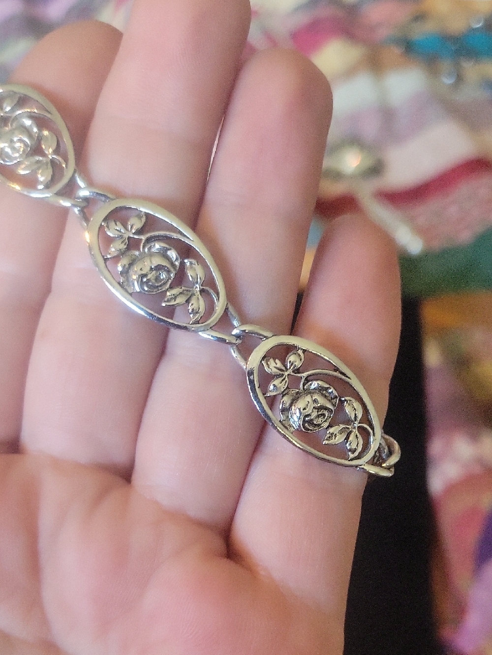 Silver Tone Floral Link Bracelet - Silver